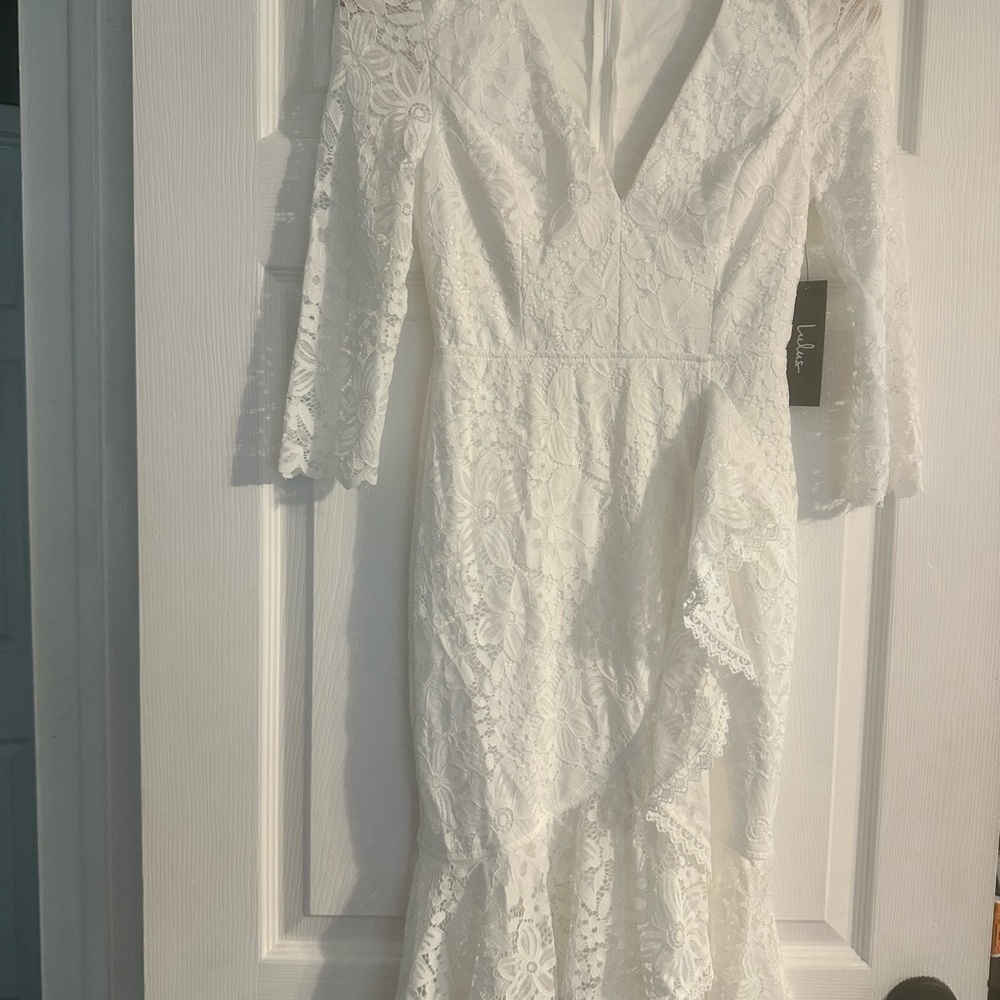 Lulu's White Ruffled Tiered Sheath Dress V-Neck